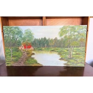 Vintage Landscape Painting‎ Rural Farmhouse Lake Birch Trees W.P. Yoigt